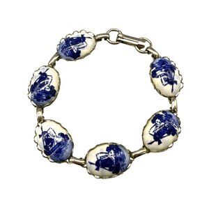 Vintage Bracelet Windmill Porcelain Antique Silver Tone 7.75 inches